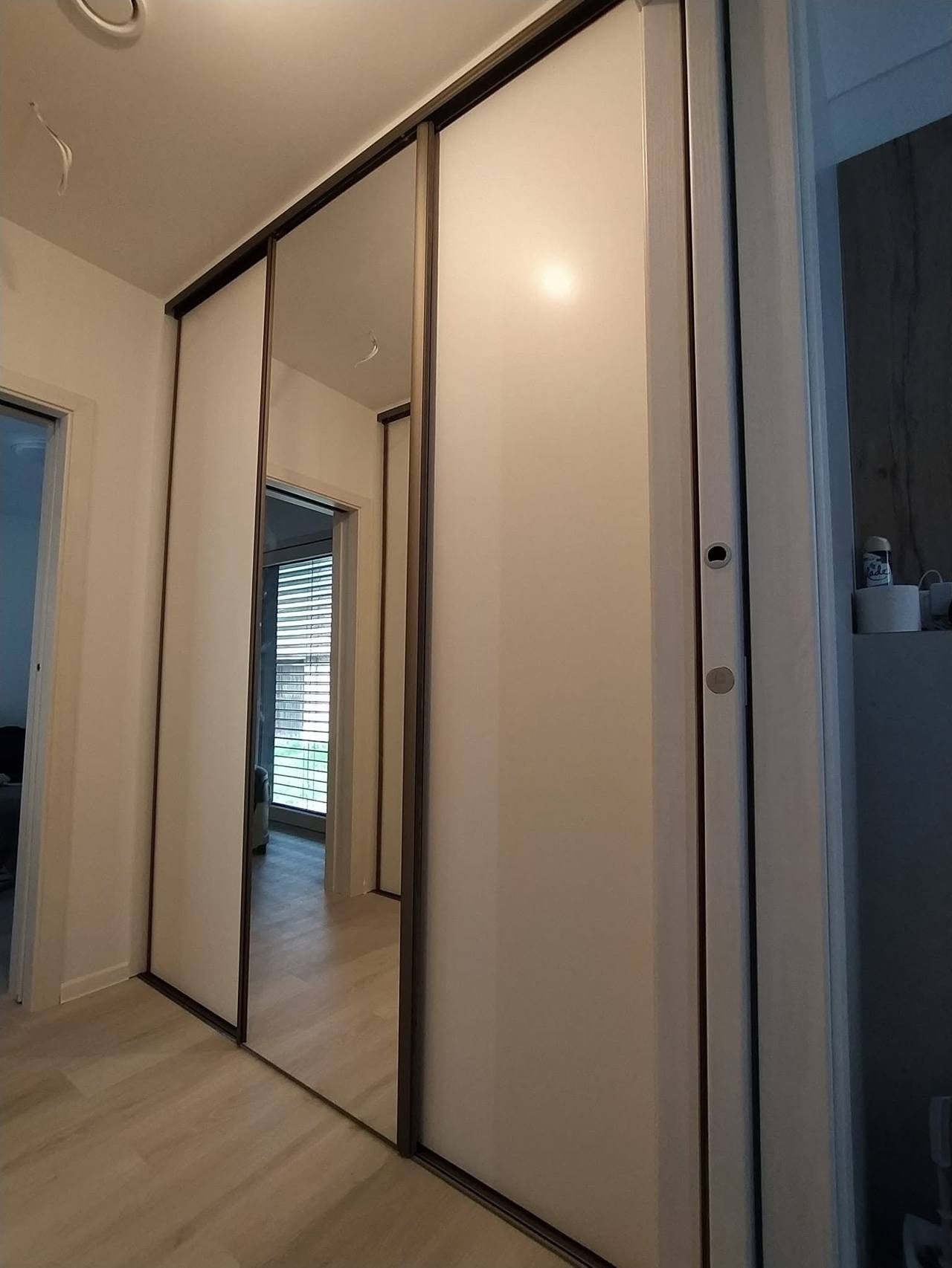 Vstavaná skriňa s béžovými a zrkadlovými dverami v čiernom ráme