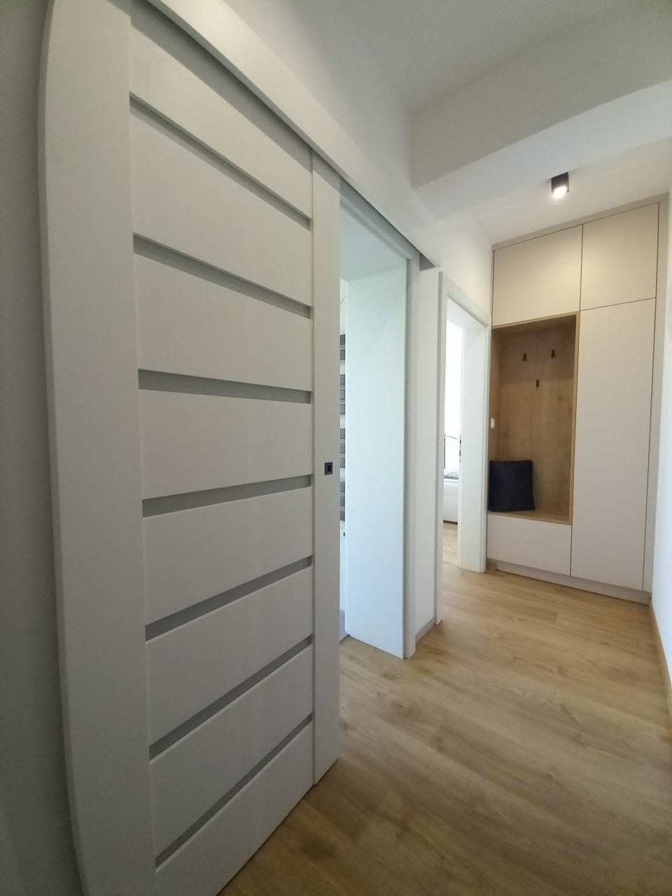 Weiße Schiebetür mit Glasstreifen und Blick ins Vorzimmer