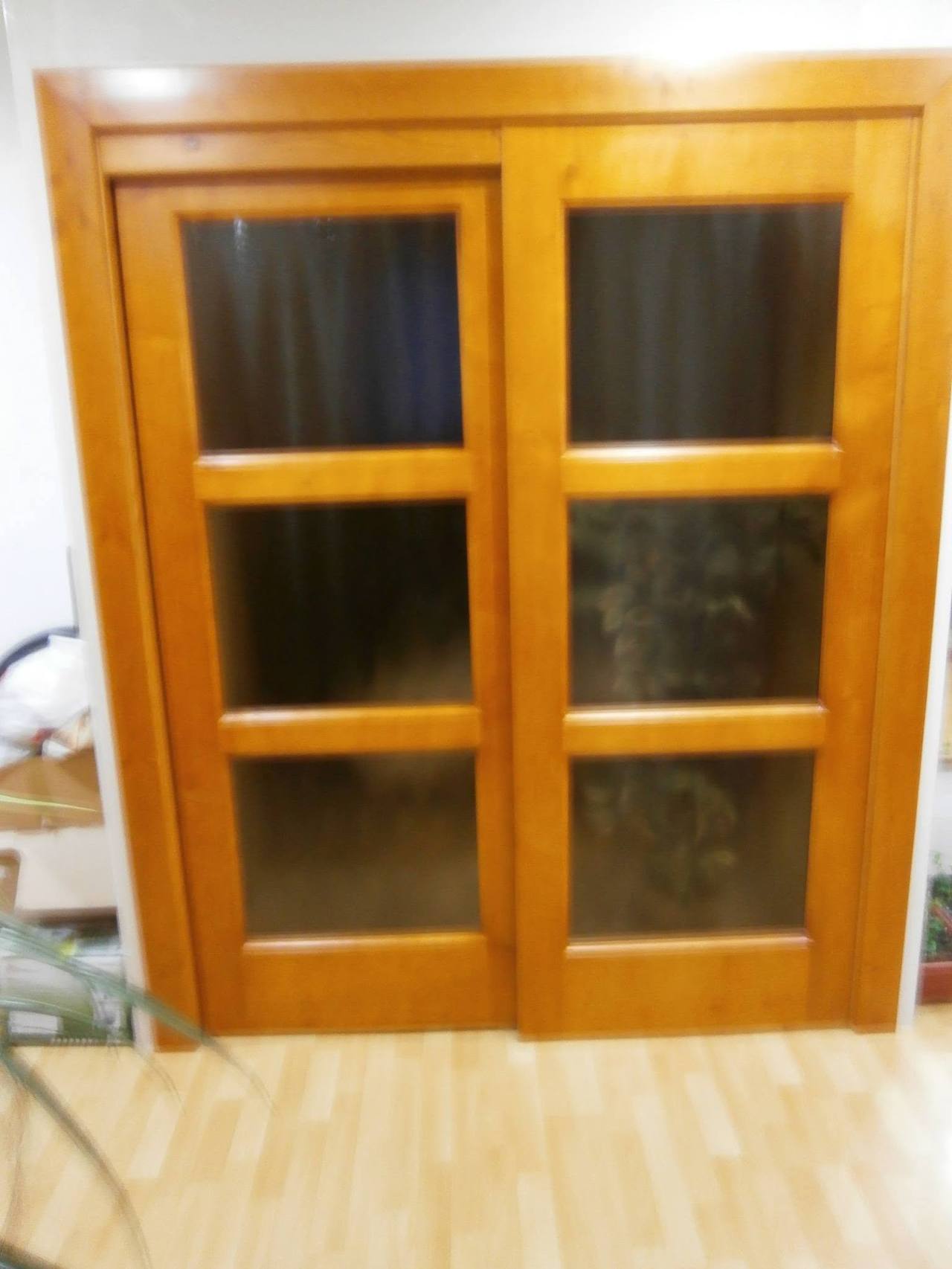 Geschlossene Kiefernholztür mit sechs kleinen Glasfeldern