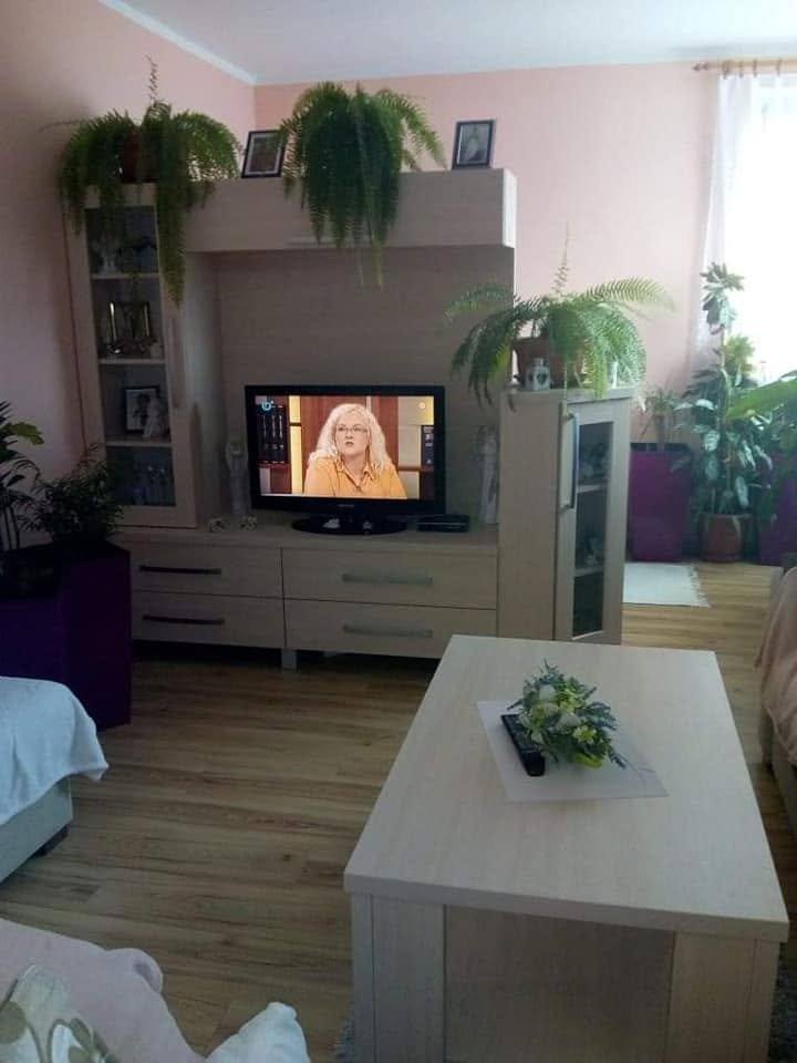 Wohnwand im Eichendekor mit Vitrine und Couchtisch