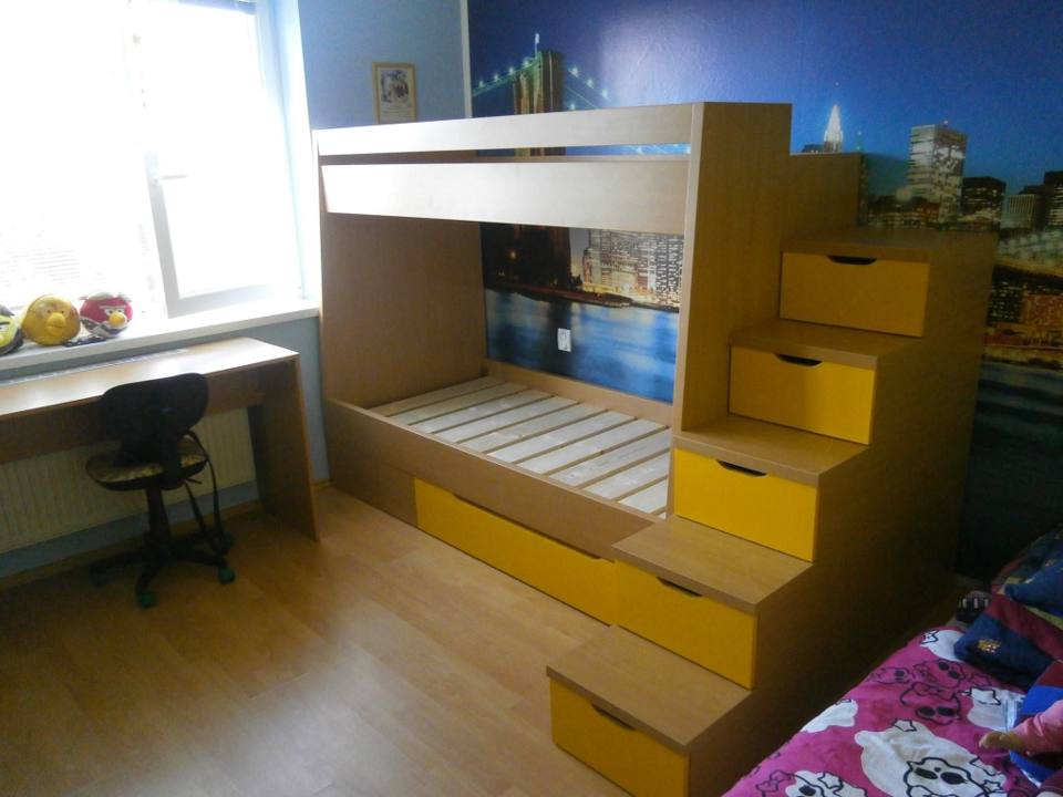 Etagenbett mit gelben Schubladenstufen vor blauer Wand mit Weltkarte