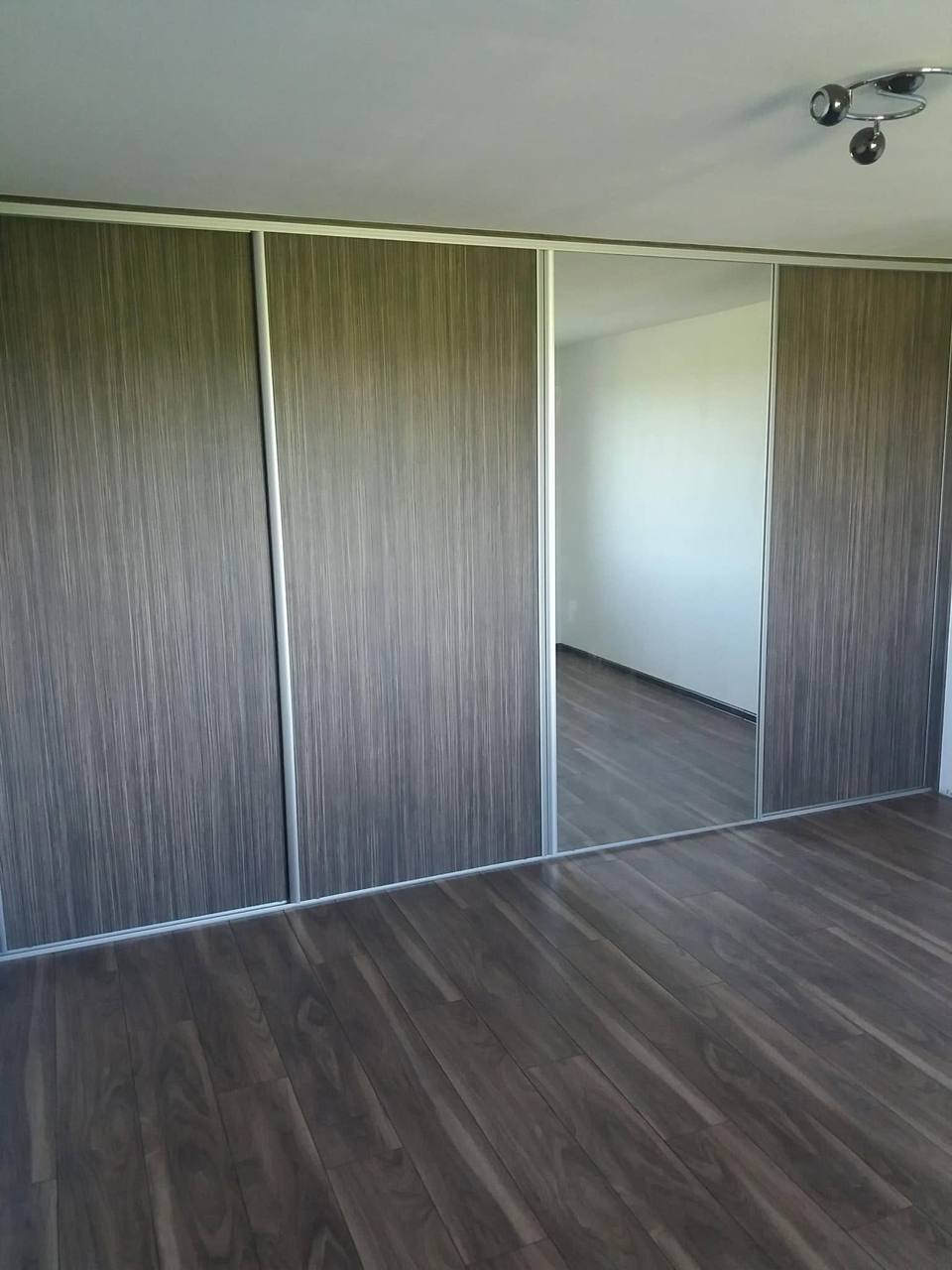 Schiebetürenkasten in graubraunem Dekor mit Spiegel im leeren Zimmer