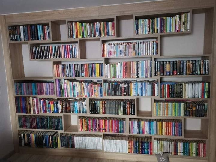 Breites Bücherregal mit unregelmäßigen, bücherbefüllten Fächern