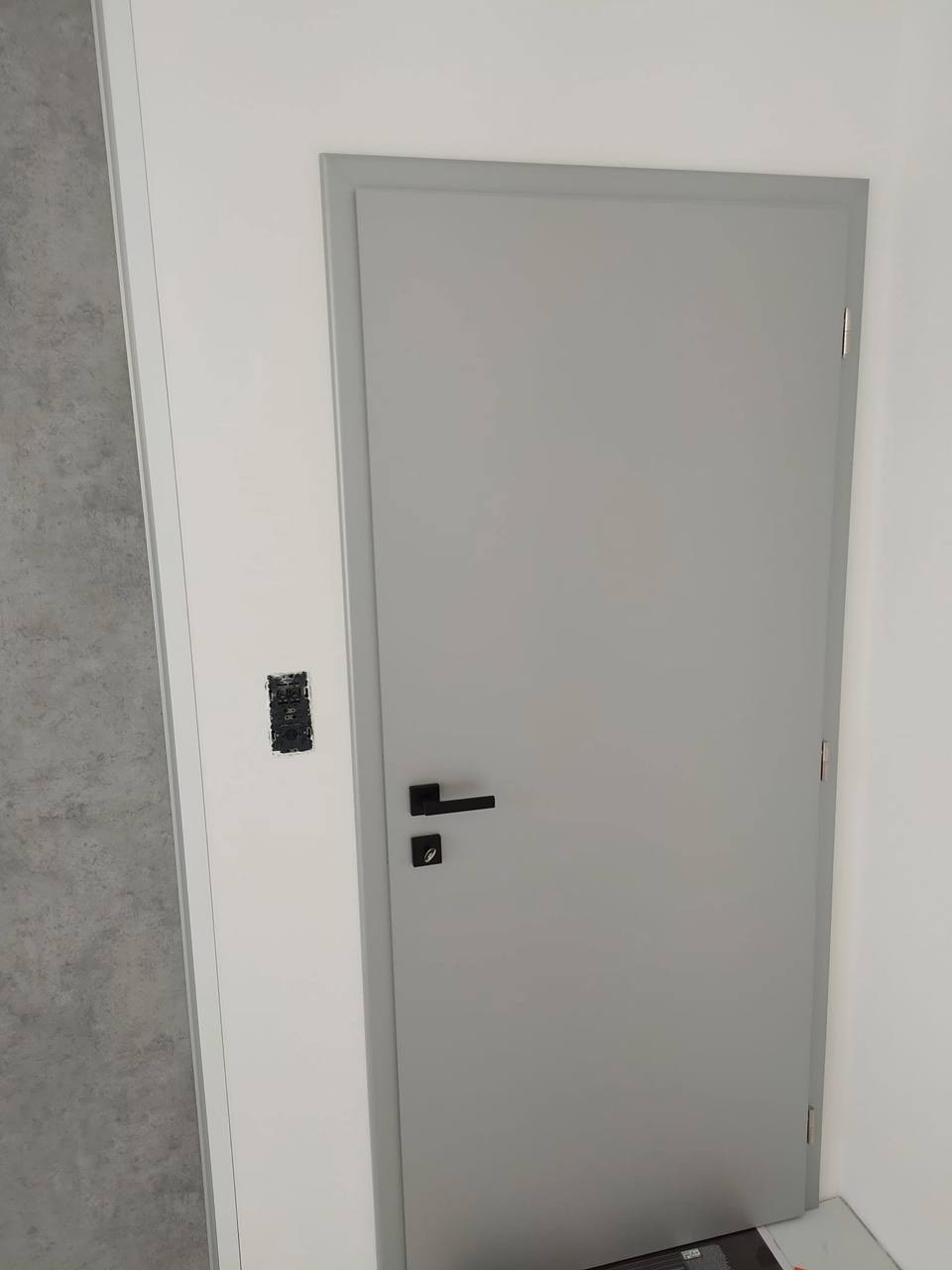 Graue Innentür mit glatter Fläche und schwarzem Griff.