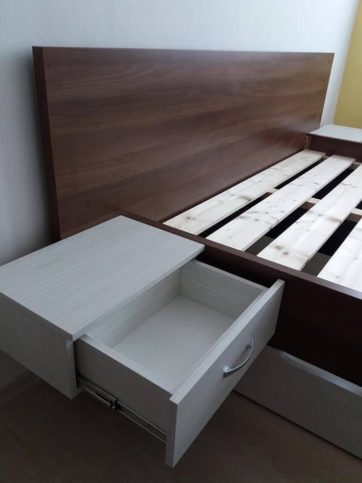 Nachtkästchen mit Lade und hohes Bett-Kopfteil in Nussbaumoptik