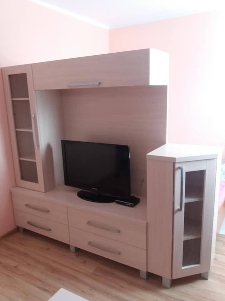 Wohnwand mit TV-Nische, Vitrine und Laden an rosafarbener Wand