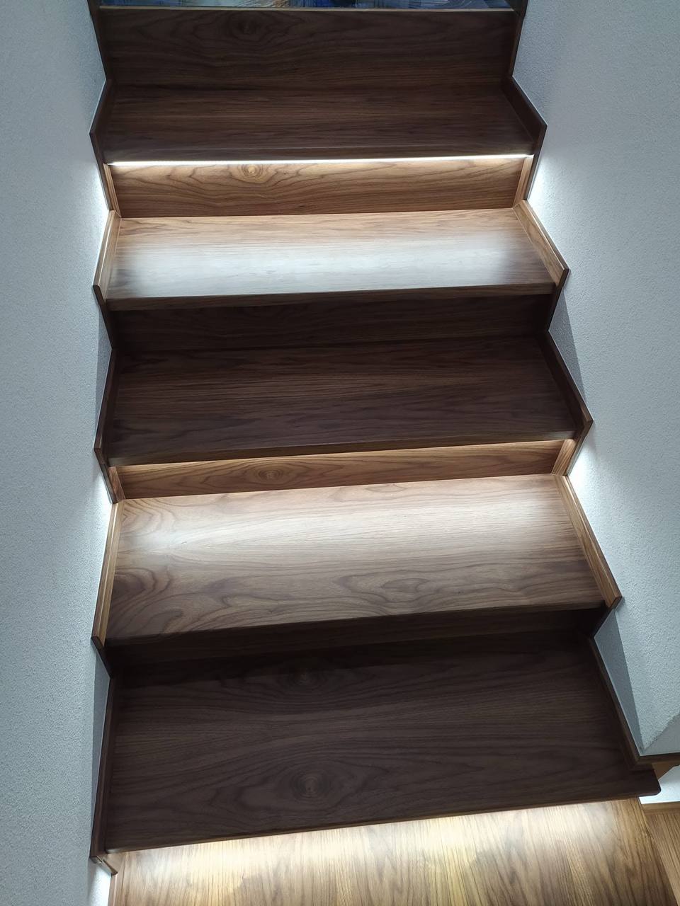 Dunkle Eichenstiege mit LED-Beleuchtung der Trittstufen