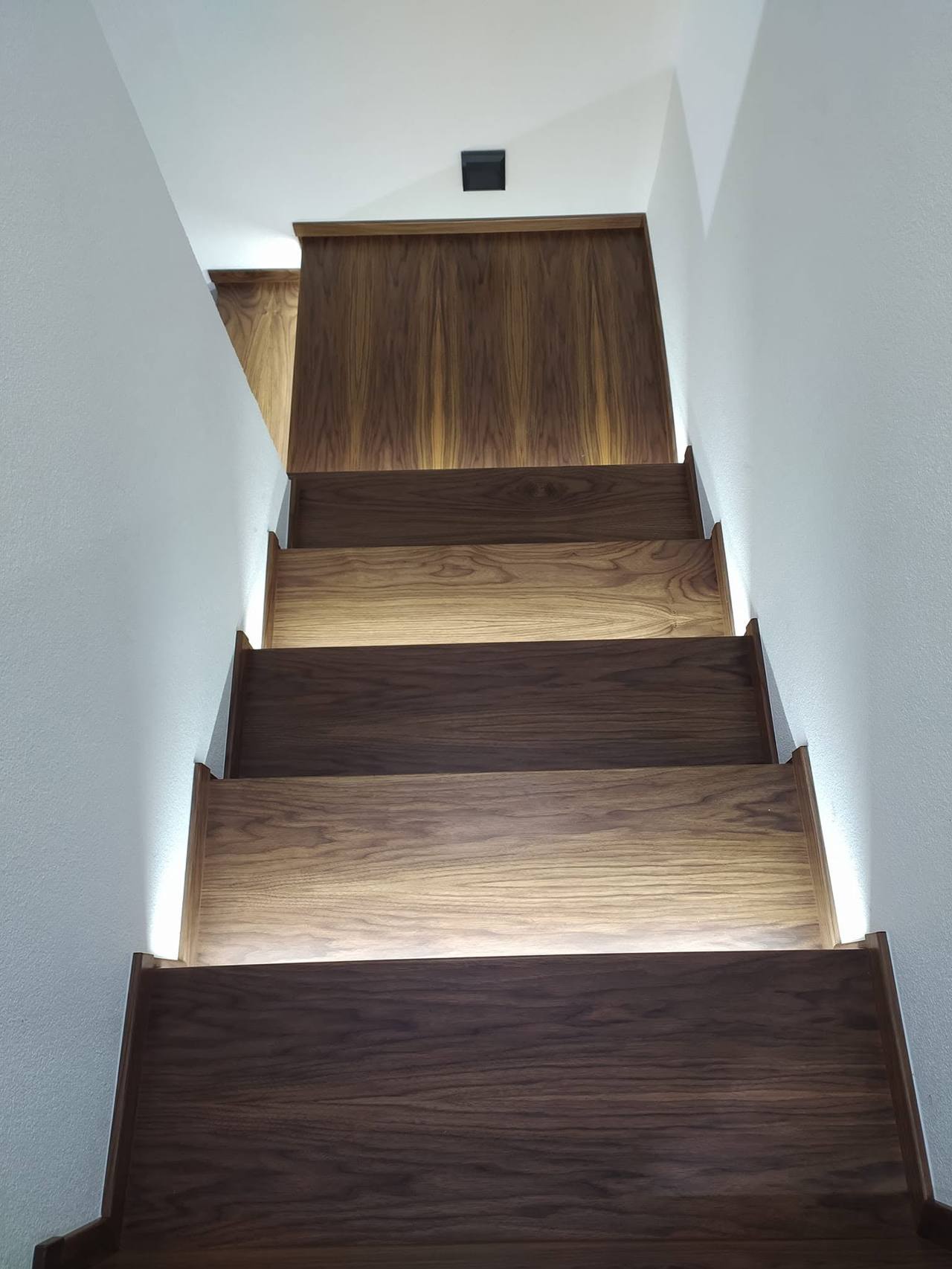 Dunkle Eichenstiege mit LED-Streifen unter jeder Stufe