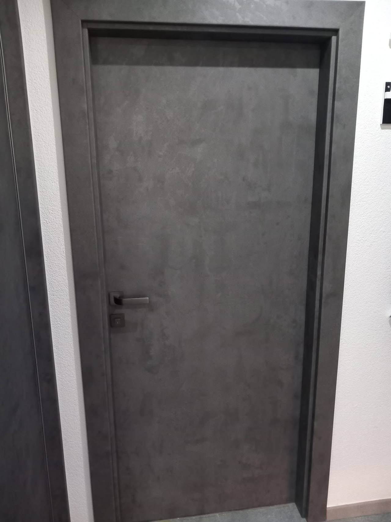 Dunkelgraue Tür von vorne mit dunkler Metallklinke